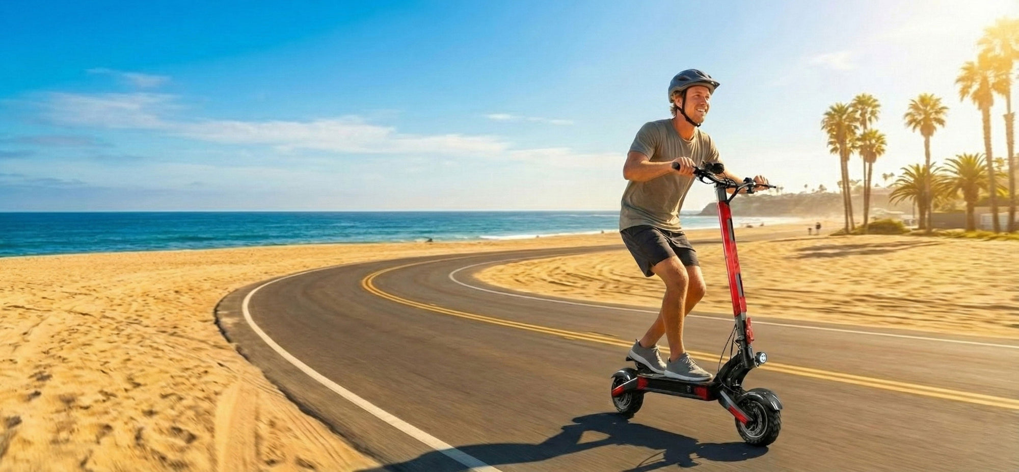 Adult rider on an AJOOSOS electric scooter on a sunny road