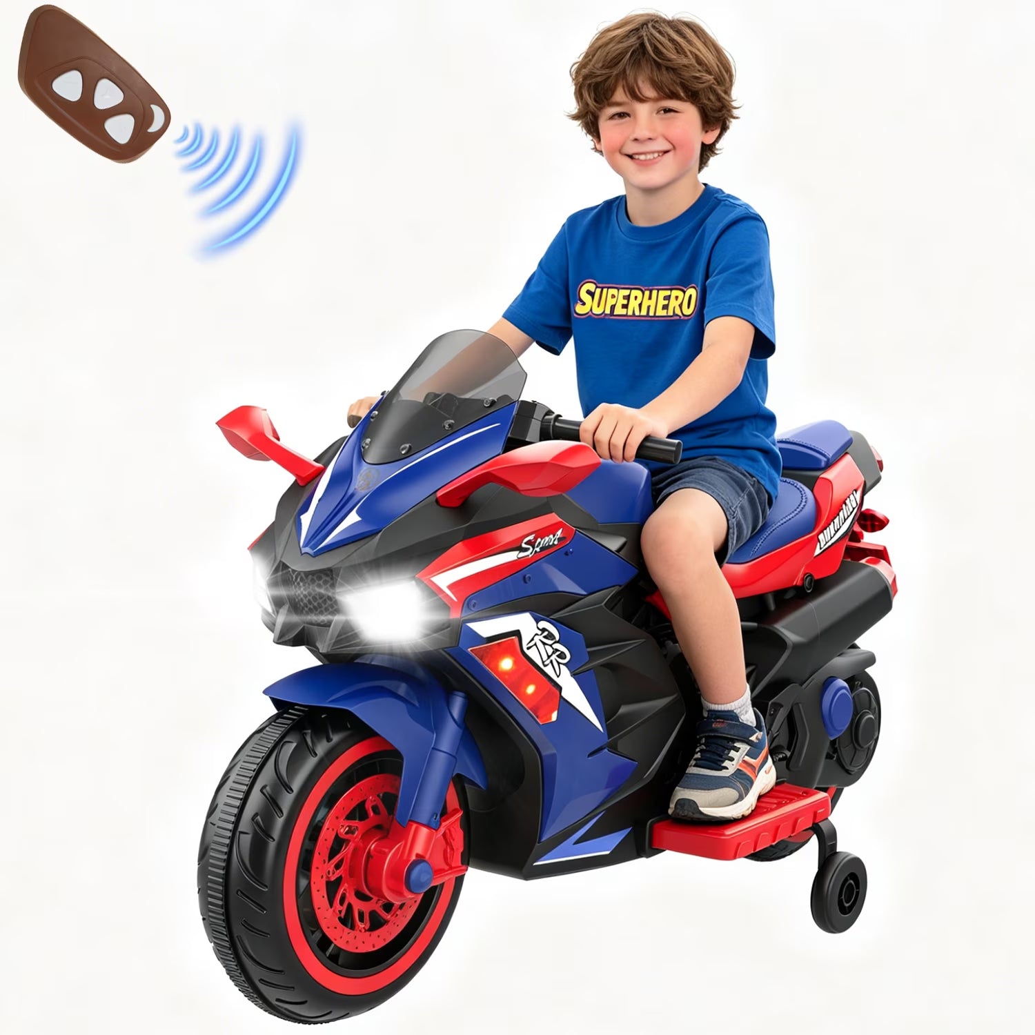 AJOOSOS 12V Electric Motorcycle for Kids 3-11 Years Old, 4 MPH Max Speed, LED Lights, Bluetooth Music, Battery Powered