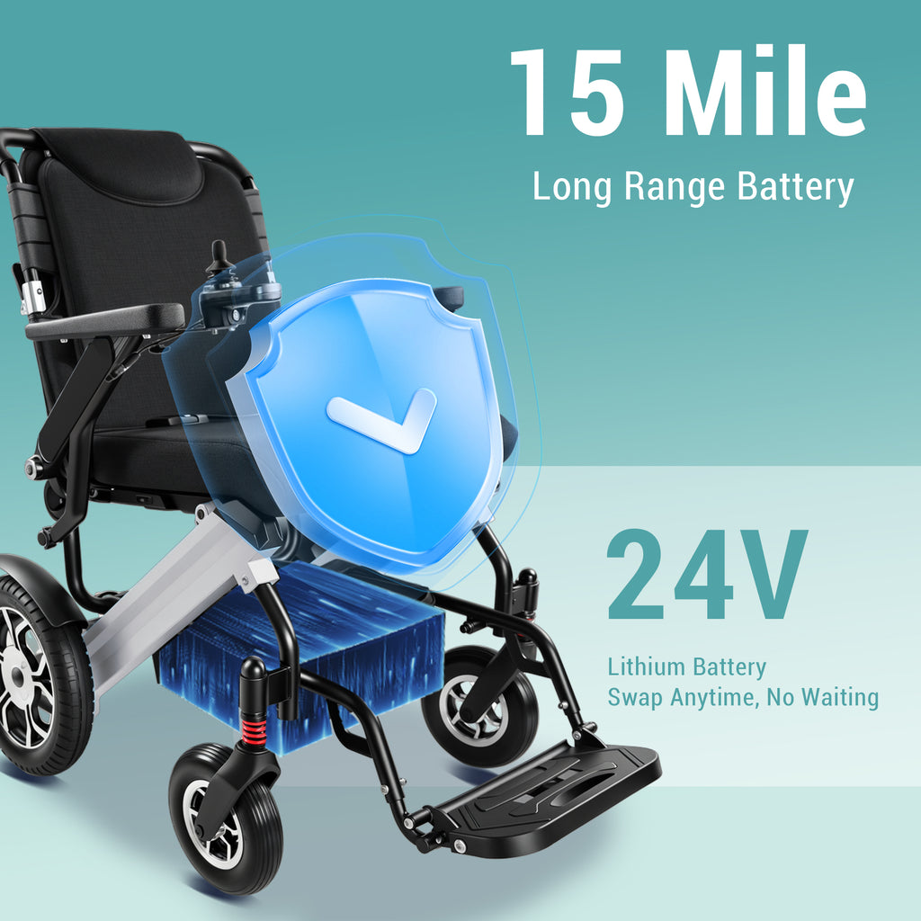 Premium Foldable Power Wheelchair with Swappable 24V Battery, Anti-Tip Wheels, Electric/Manual Switch & Under-Seat Storage - Perfect for Travel