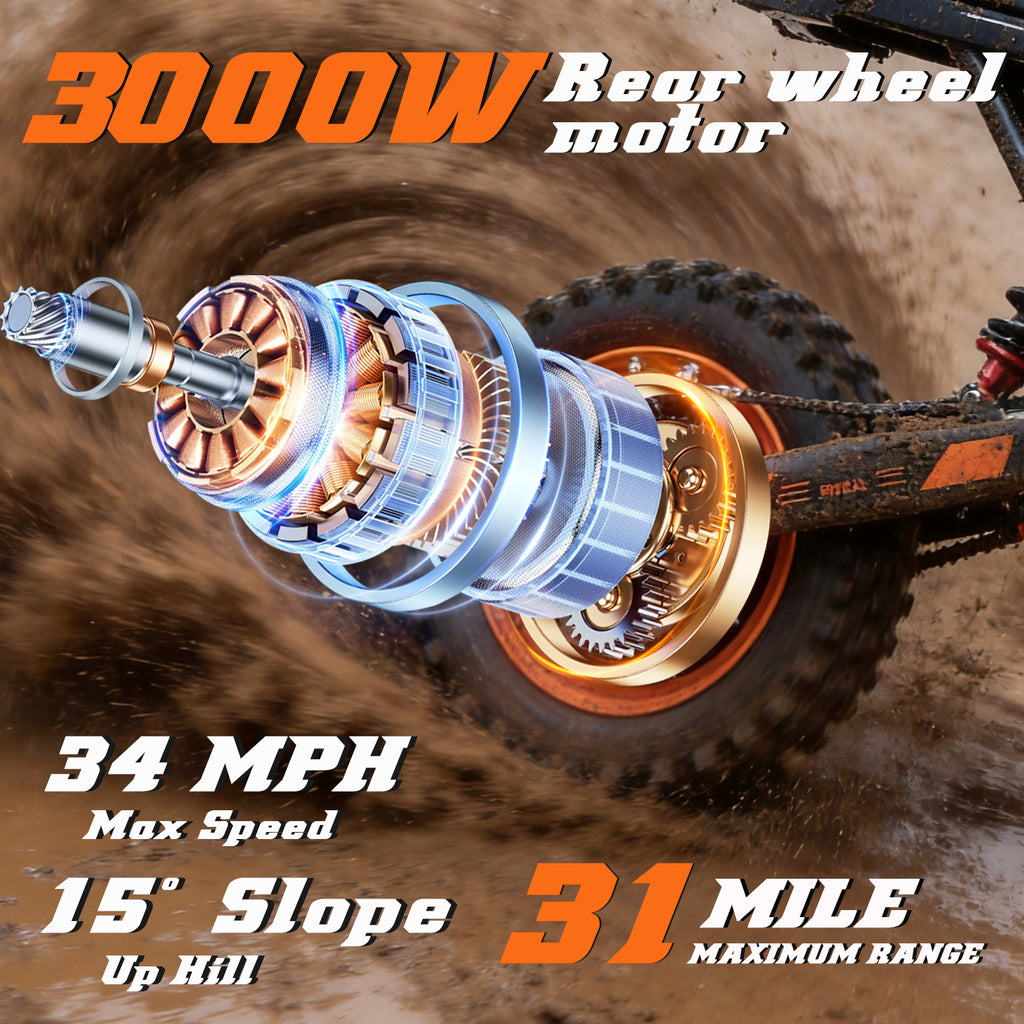 Y66 Electric Dirt Bike for Adults, 3000W Motor, 48V 30AH Battery, 34 MPH Max Speed, 31 Miles Long Range, 12"/10" All-Terrain Fat Tire