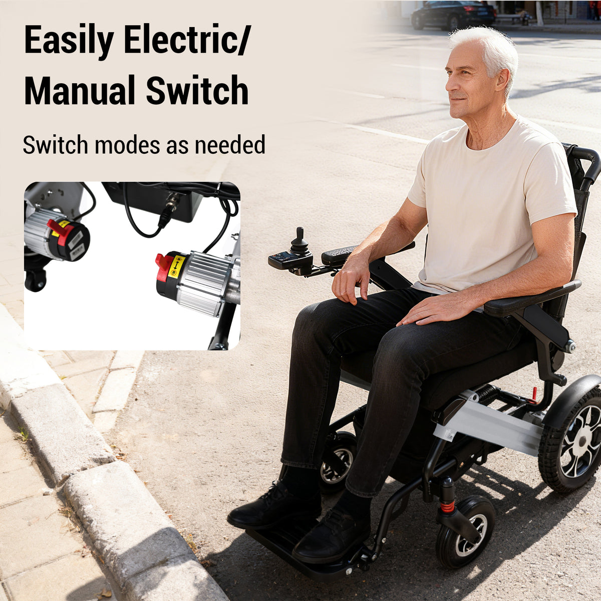Premium Foldable Power Wheelchair with Swappable 24V Battery, Anti-Tip Wheels, Electric/Manual Switch & Under-Seat Storage - Perfect for Travel
