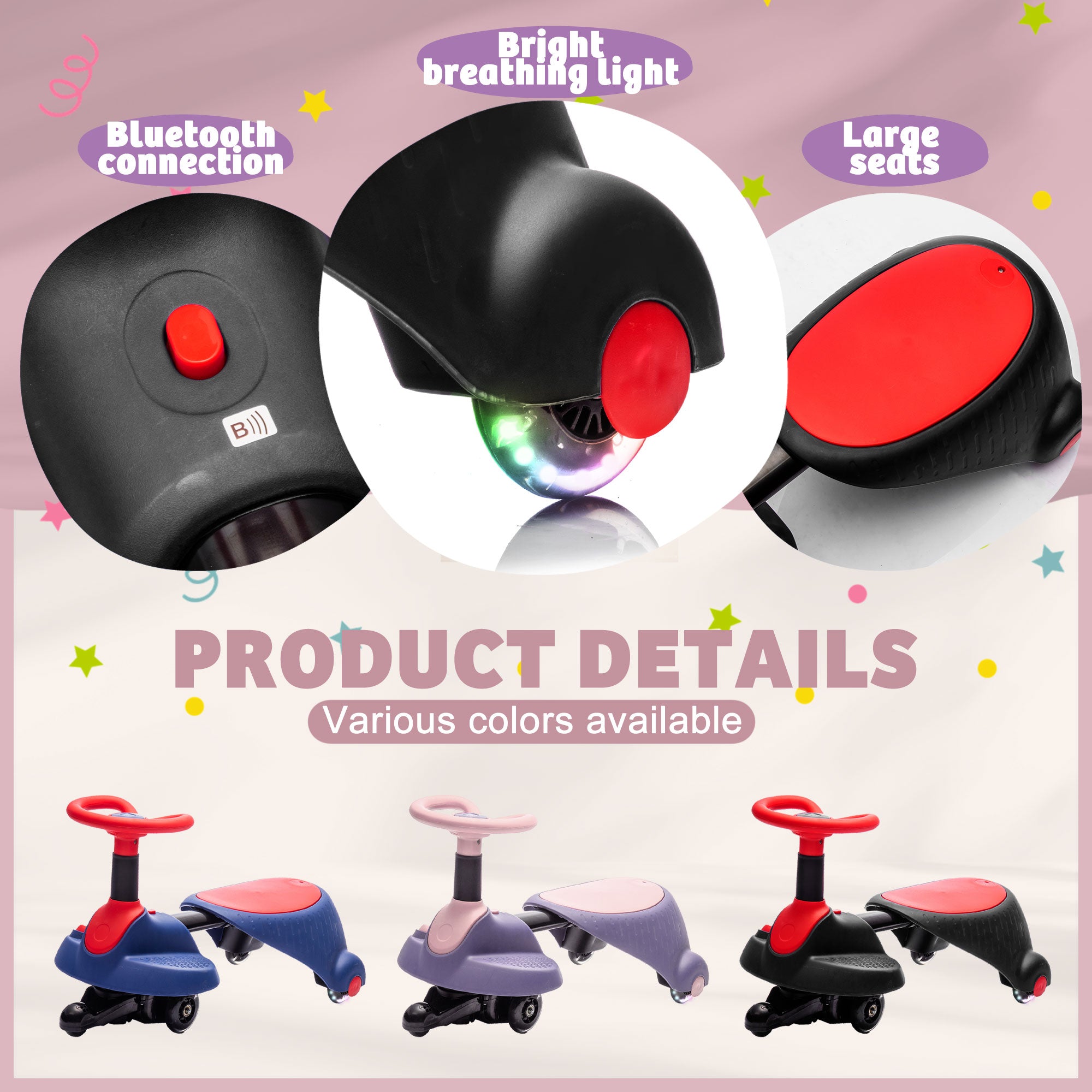 AJOOSOS Electric Wiggle Car Ride on Toy for Aged 3+, 3 mph Max Speed, 66 Lbs Max Load, Bluetooth to Play Music