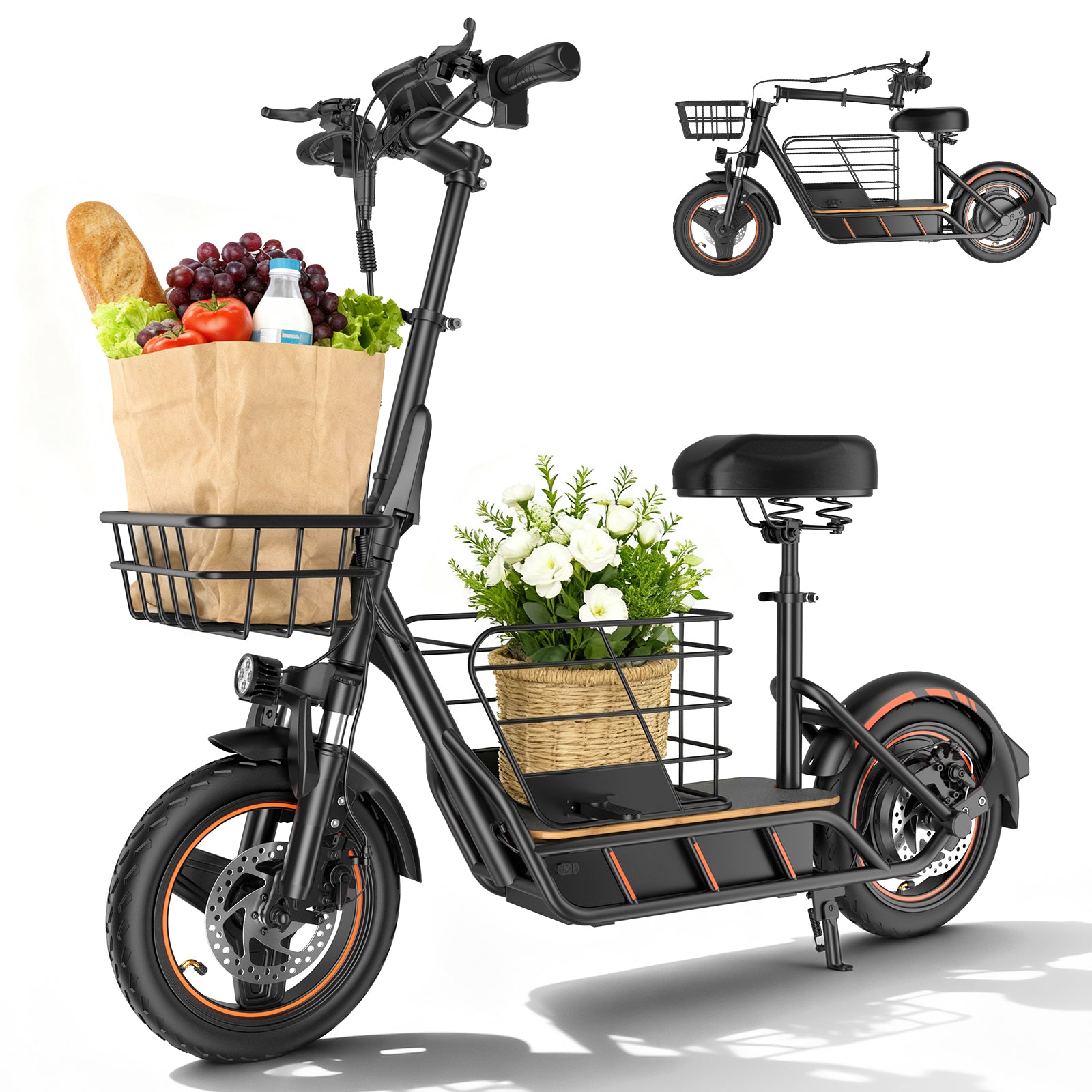 H14 Electric Scooter for Adults with Seat, 600W Peak Motor, 21  MPH Max Speed, Detachable Large Basket, 14" Puncture‑Proof Tire, Removable 36V Battery, Dual Brakes for Commuter Grocery Shopping