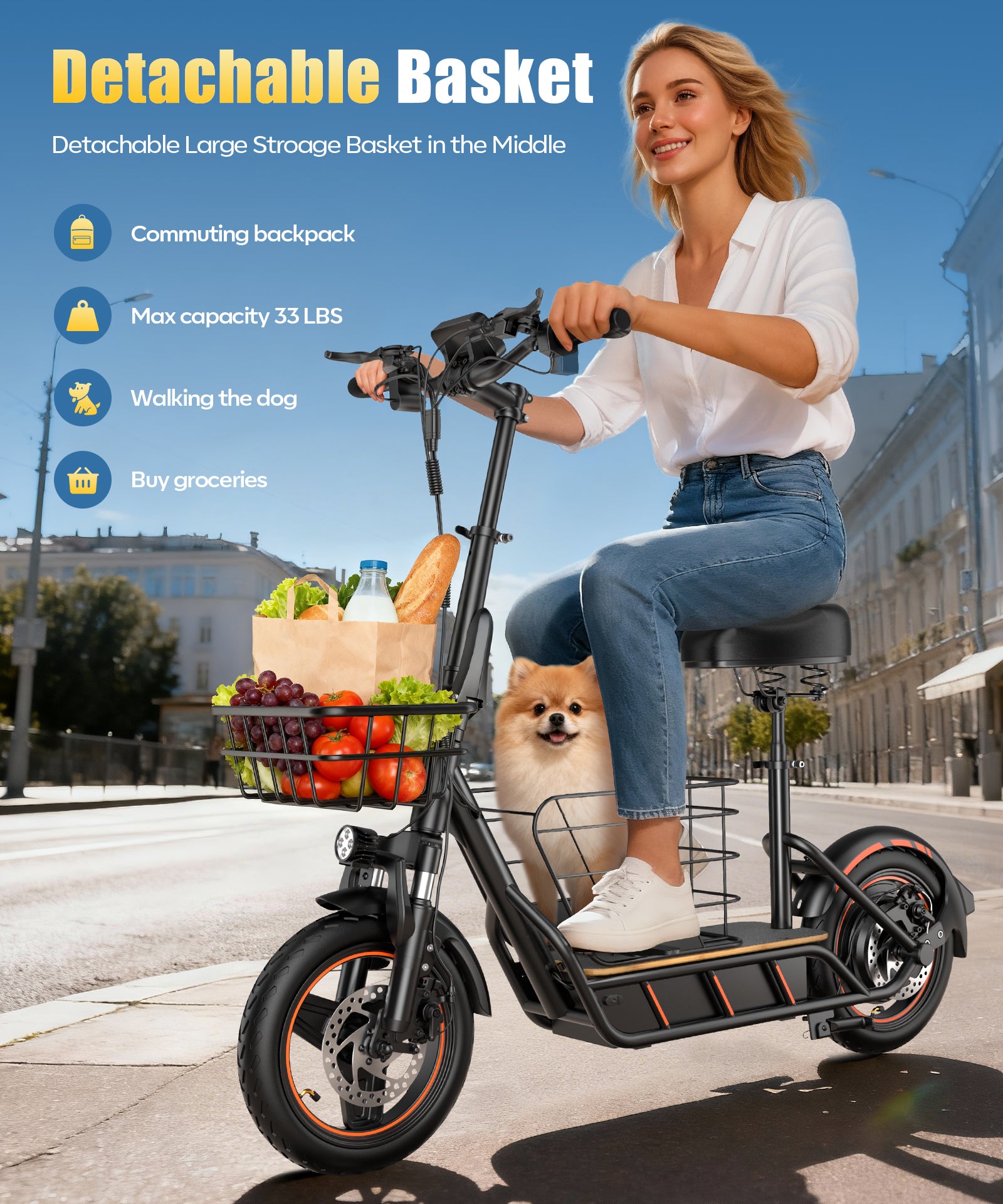 H14 Electric Scooter for Adults with Seat, 600W Peak Motor, 21  MPH Max Speed, Detachable Large Basket, 14" Puncture‑Proof Tire, Removable 36V Battery, Dual Brakes for Commuter Grocery Shopping