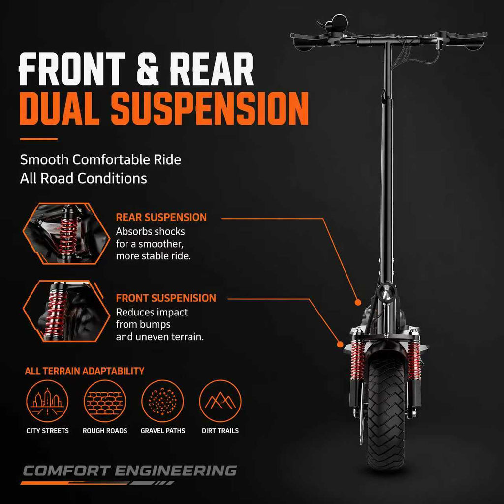 AJOOSOS X750 front and rear dual suspension graphic showing red spring shocks and all-terrain adaptability