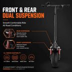 AJOOSOS X750 front and rear dual suspension graphic showing red spring shocks and all-terrain adaptability