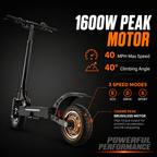 AJOOSOS X750 motor graphic showing 1600W peak motor, 40 MPH speed, 40-degree climb and three speed modes