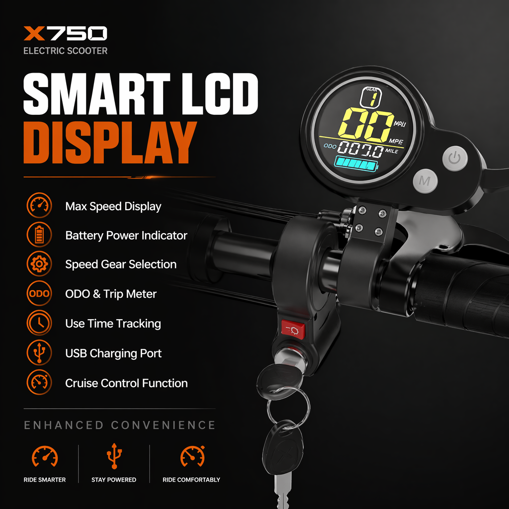AJOOSOS X750 smart LCD display graphic showing speed, battery, gear, trip meter, USB port and cruise control