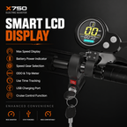 AJOOSOS X750 smart LCD display graphic showing speed, battery, gear, trip meter, USB port and cruise control