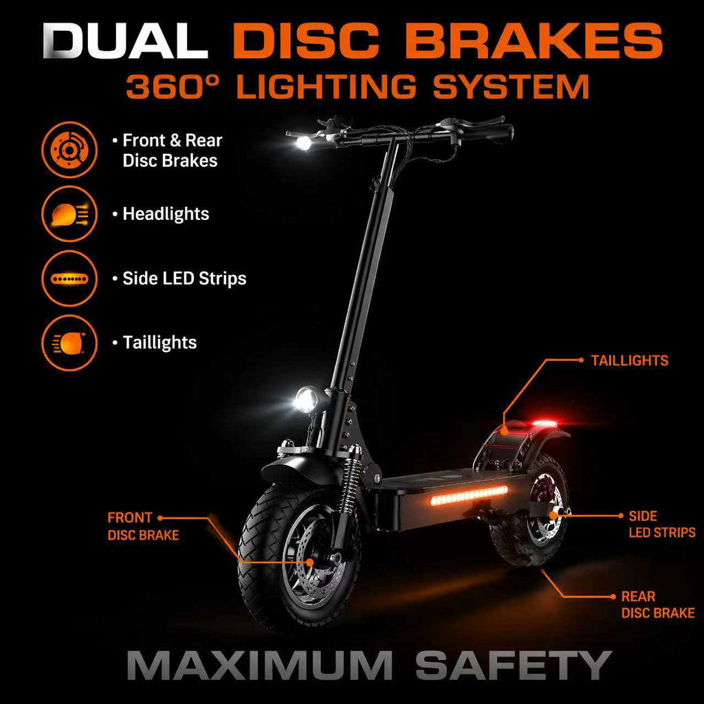 AJOOSOS X750 dual disc brakes and 360-degree lighting graphic showing headlights, side LED strips and taillights