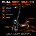 AJOOSOS X750 dual disc brakes and 360-degree lighting graphic showing headlights, side LED strips and taillights