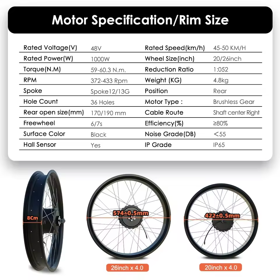 20" 26" Snow Ebike Conversion Kit 48V 1000W Rear Drive Motor 4.0 Fat Tire Wheel for SUPER 73 Electric Motor Kit with Battery