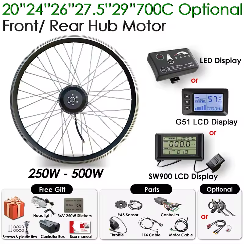 Electric Bike Conversion Kit 36V 250W 350W 500W Rear Front Hub Motor Wheel 20 24 26 27.5 29 inch 700C Ebike Kit for Bicycle
