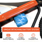 24V Electric Dirt Bike for Kids 8+, 300W Motor, 15.5 mph Max Speed, 15 Miles Range, 3 Speed Mode, Orange