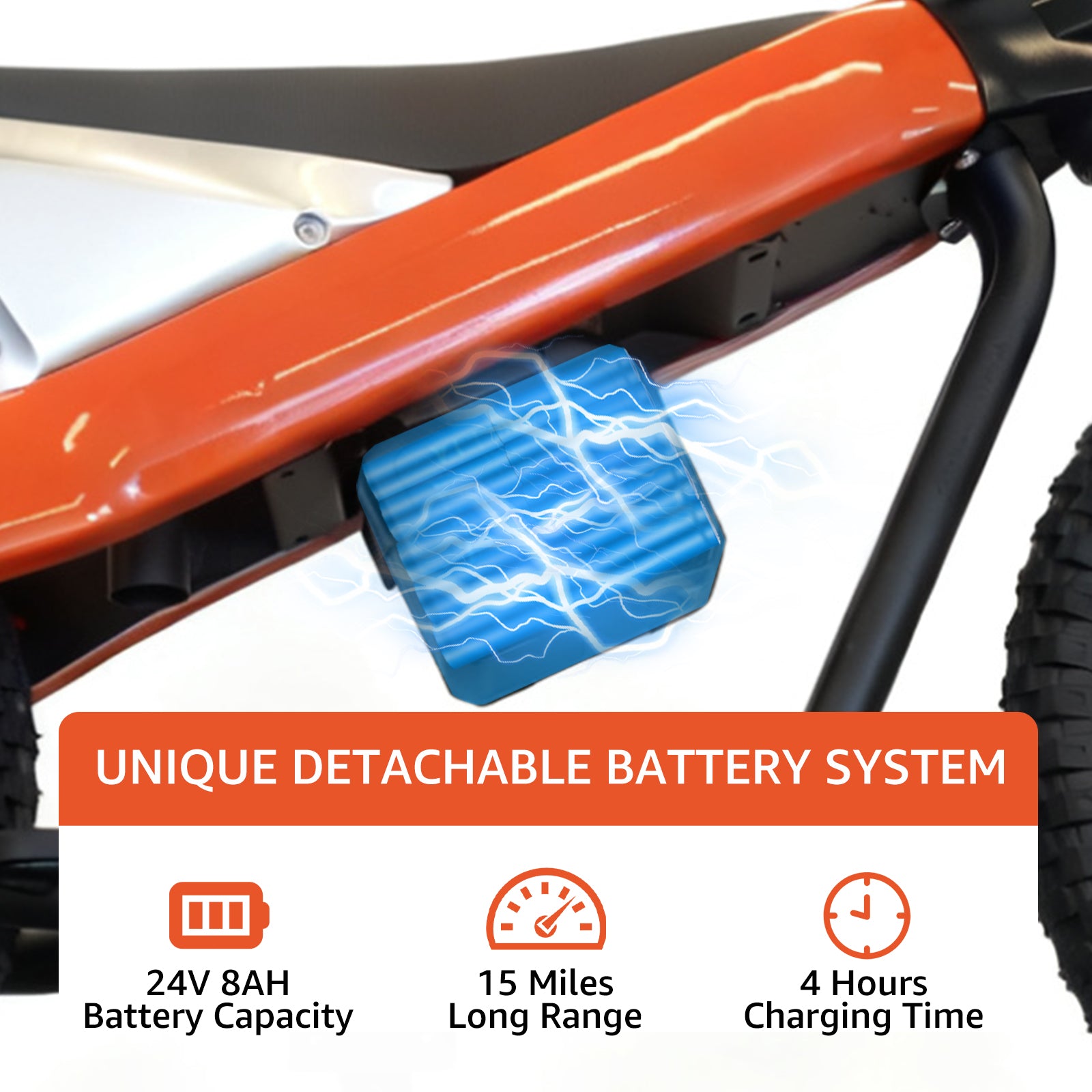 24V Electric Dirt Bike for Kids 8+, 300W Motor, 15.5 mph Max Speed, 15 Miles Range, 3 Speed Mode, Orange