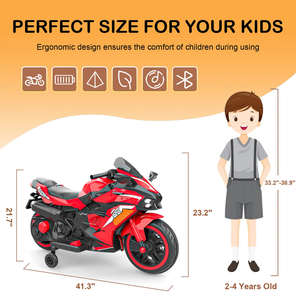 AJOOSOS 12V Electric Motorcycle for Kids 3-11 Years Old, 4 MPH Max Speed, LED Lights, Bluetooth Music, Battery Powered