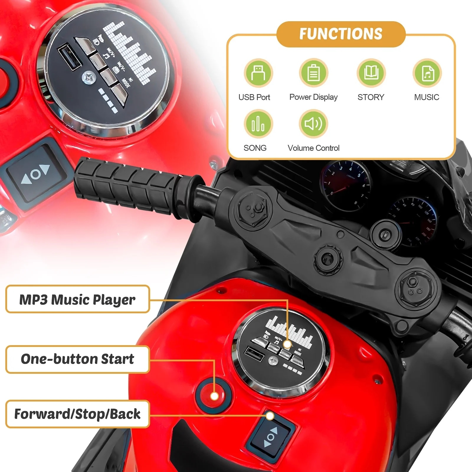AJOOSOS 12V Electric Motorcycle for Kids 3-11 Years Old, 4 MPH Max Speed, LED Lights, Bluetooth Music, Battery Powered