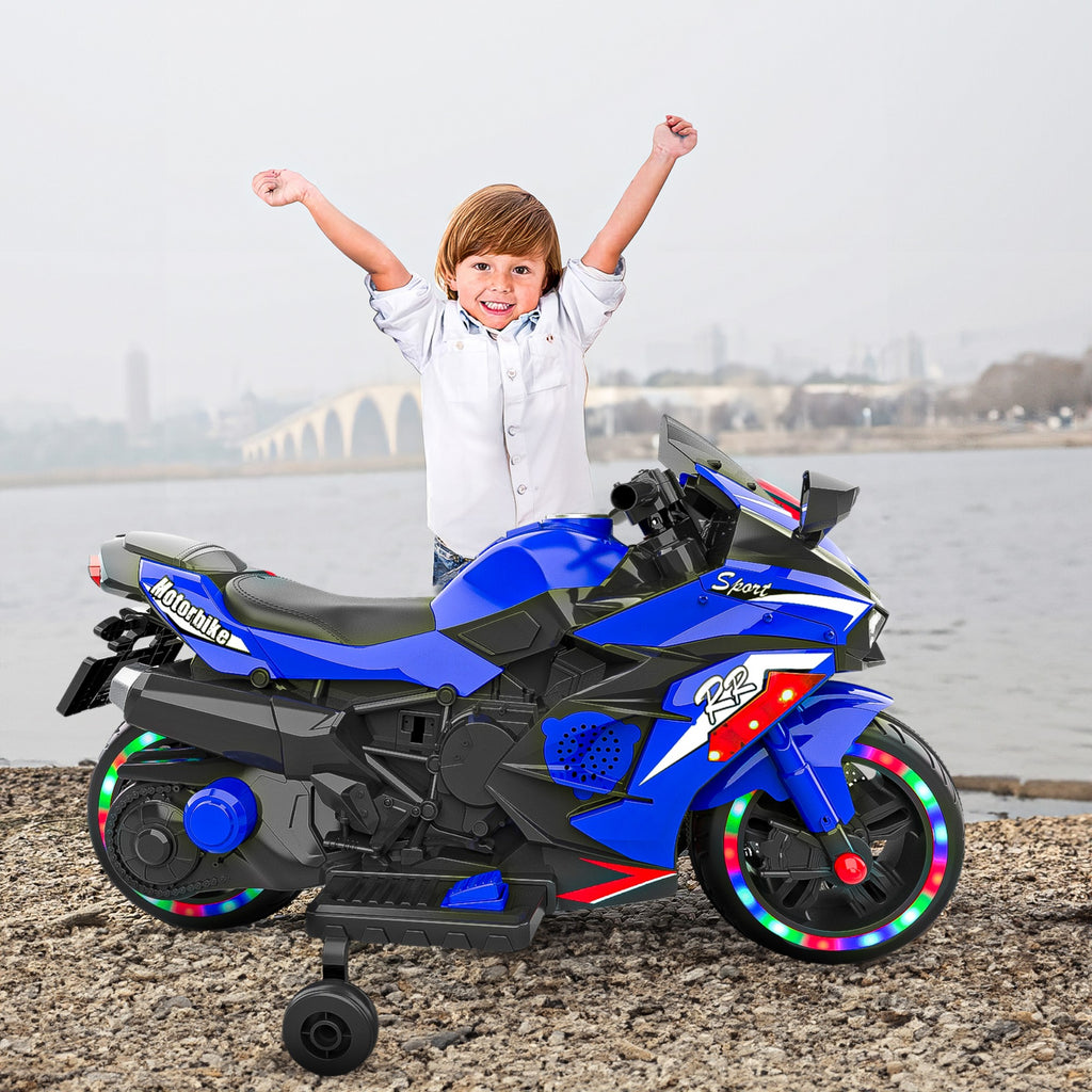 AJOOSOS 12V Electric Motorcycle for Kids 3-11 Years Old, 4 MPH Max Speed, LED Lights, Bluetooth Music, Battery Powered