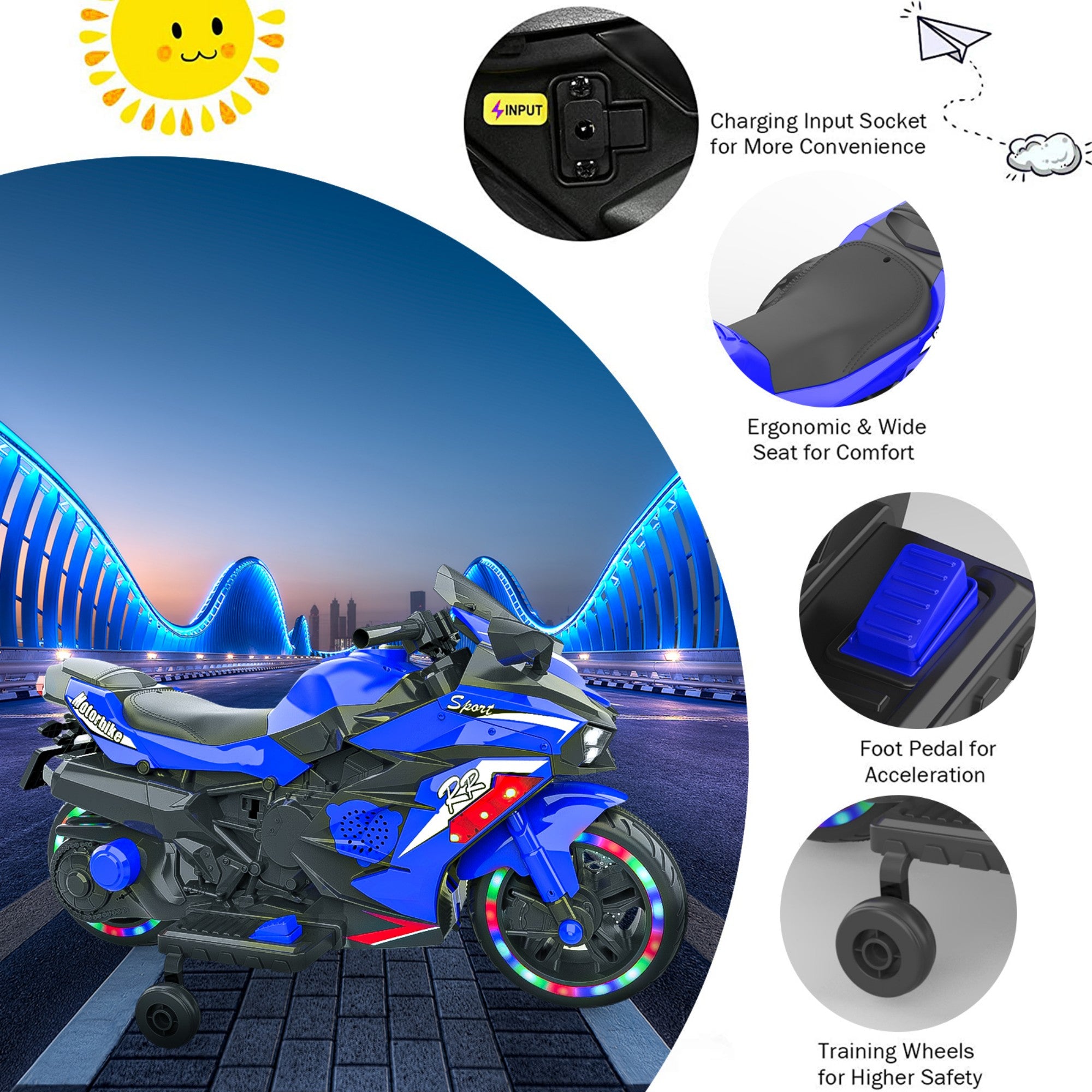 AJOOSOS 12V Electric Motorcycle for Kids 3-11 Years Old, 4 MPH Max Speed, LED Lights, Bluetooth Music, Battery Powered