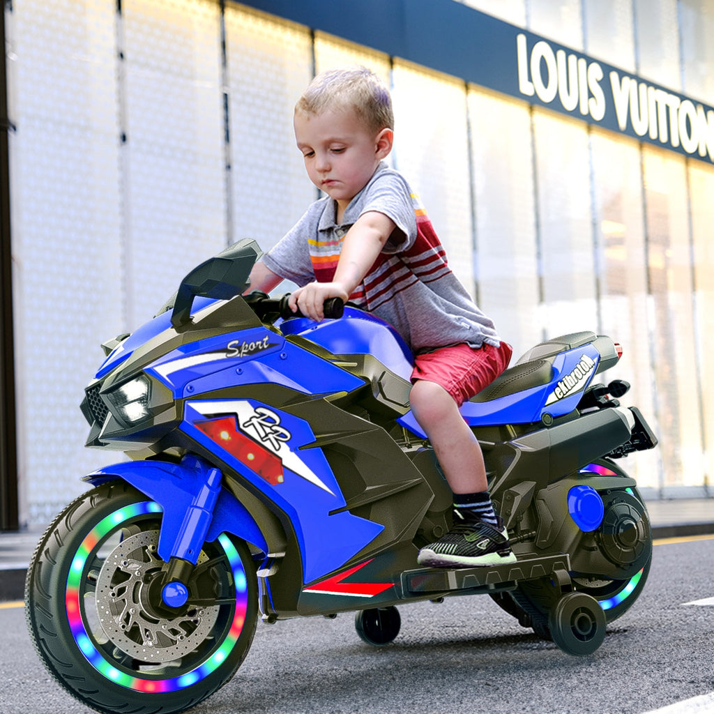 AJOOSOS 12V Electric Motorcycle for Kids 3-11 Years Old, 4 MPH Max Speed, LED Lights, Bluetooth Music, Battery Powered