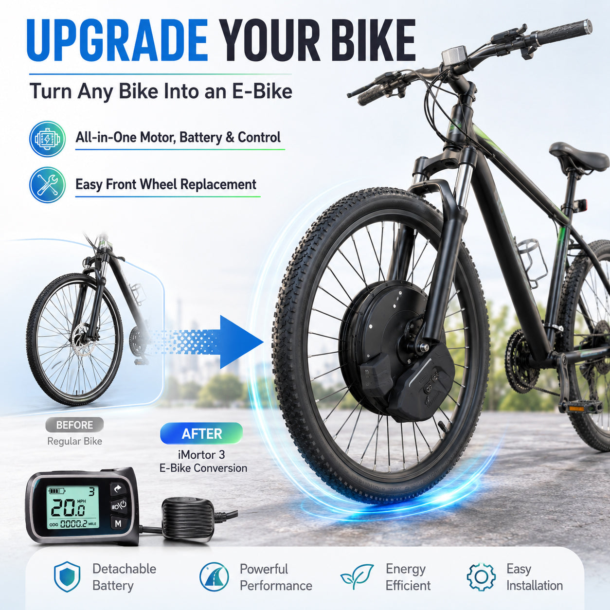 iMortor 3 Complete Electric Bike Conversion Kit with Battery, 350W Motor Power, 26" Front Motor Wheel with Tire, Ebike Kit, 25 mph Speed, 32 Miles Long Range, LCD Connection Version