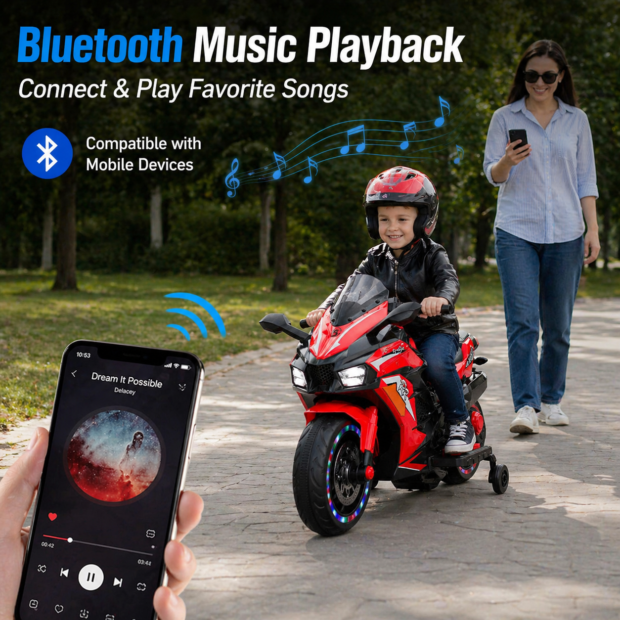 AJOOSOS 12V Electric Motorcycle for Kids 3-11 Years Old, 4 MPH Max Speed, LED Lights, Bluetooth Music, Battery Powered