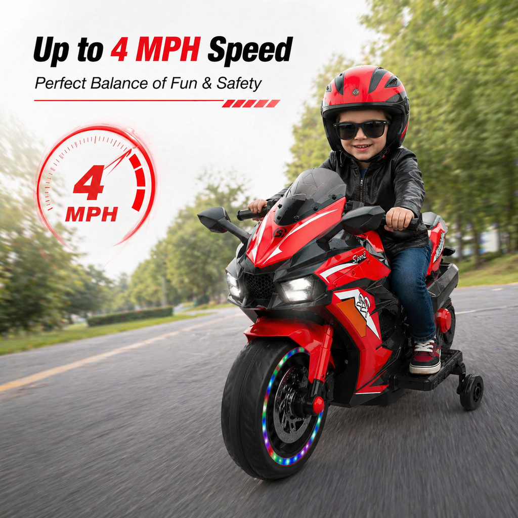 AJOOSOS 12V Electric Motorcycle for Kids 3-11 Years Old, 4 MPH Max Speed, LED Lights, Bluetooth Music, Battery Powered