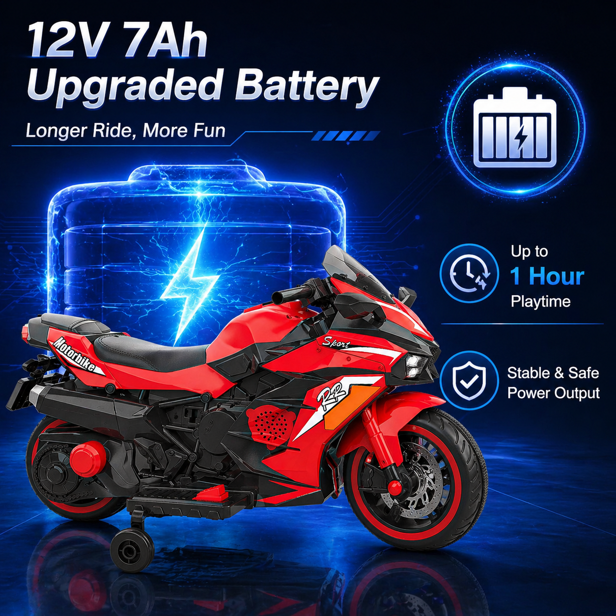 AJOOSOS 12V Electric Motorcycle for Kids 3-11 Years Old, 4 MPH Max Speed, LED Lights, Bluetooth Music, Battery Powered