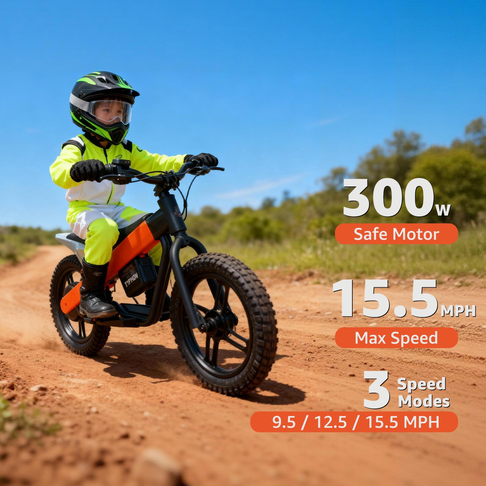 24V Electric Dirt Bike for Kids 8+, 300W Motor, 15.5 mph Max Speed, 15 Miles Range, 3 Speed Mode, Orange Secondary image