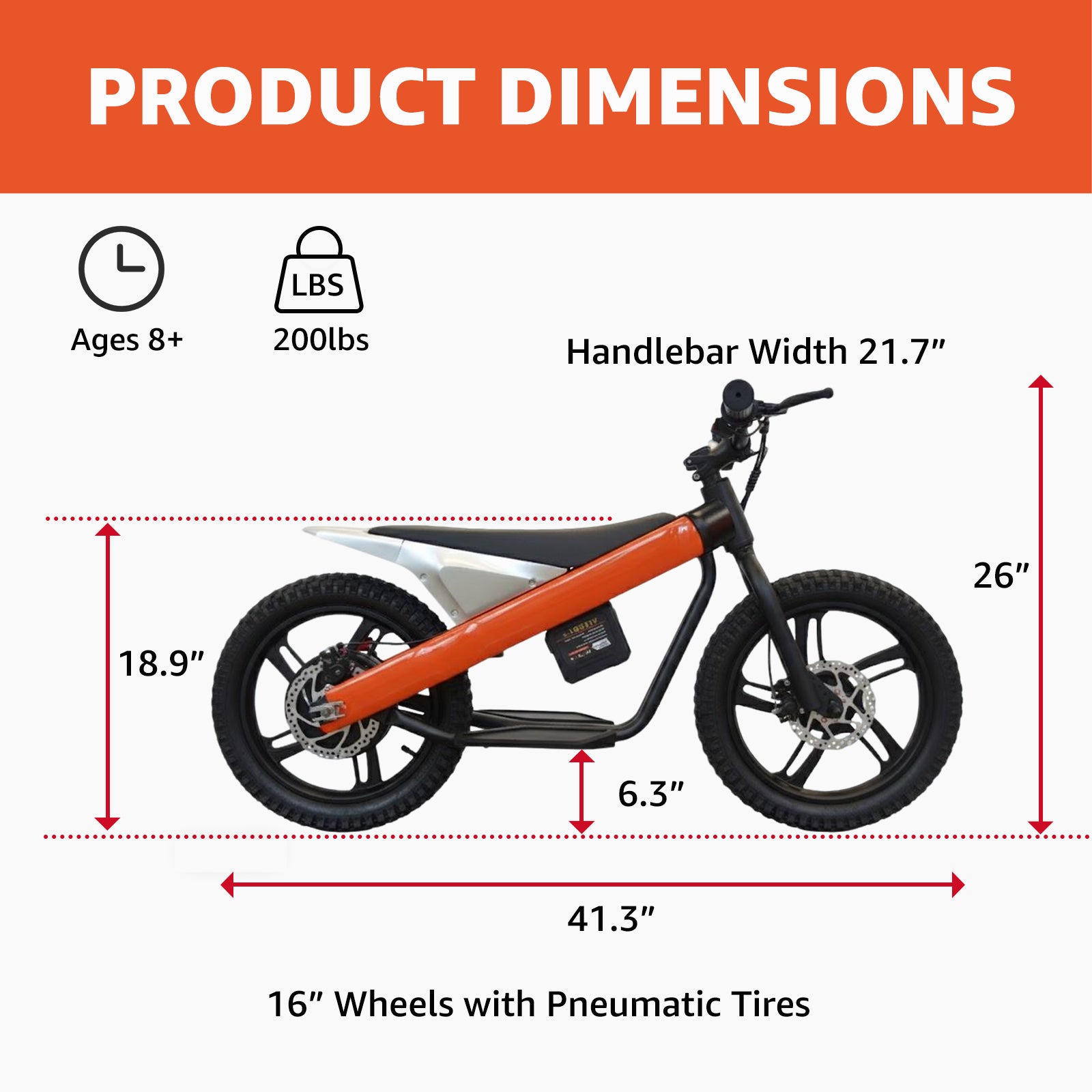24V Electric Dirt Bike for Kids 8+, 300W Motor, 15.5 mph Max Speed, 15 Miles Range, 3 Speed Mode, Orange