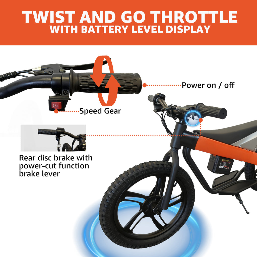 24V Electric Dirt Bike for Kids 8+, 300W Motor, 15.5 mph Max Speed, 15 Miles Range, 3 Speed Mode, Orange